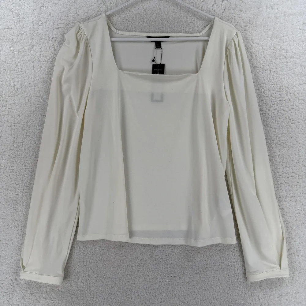 Banana Republic Blouse Womens Large White Square Neck Puff Sleeve Stretch Top